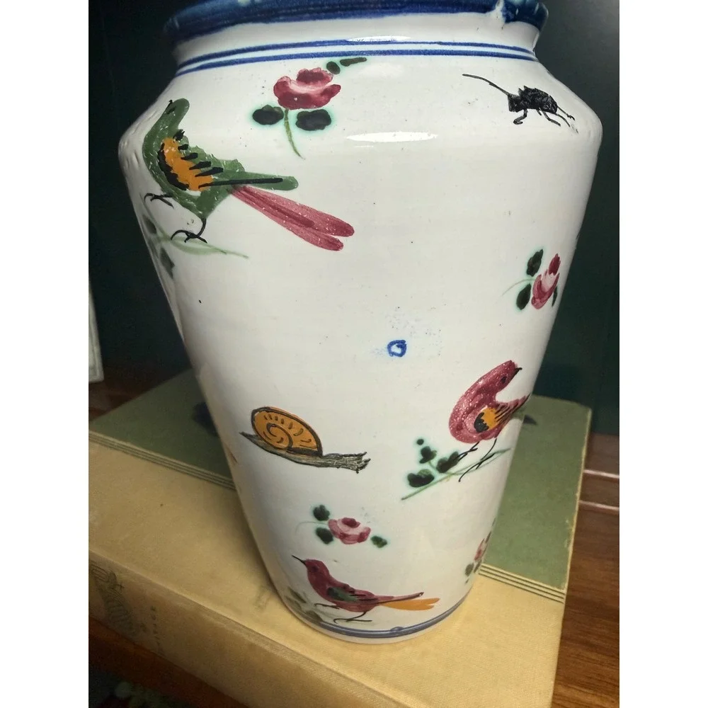 Vintage Italian Hand Painted‎ Bird Butterfly Vase Whimsical Cottagecore Italy